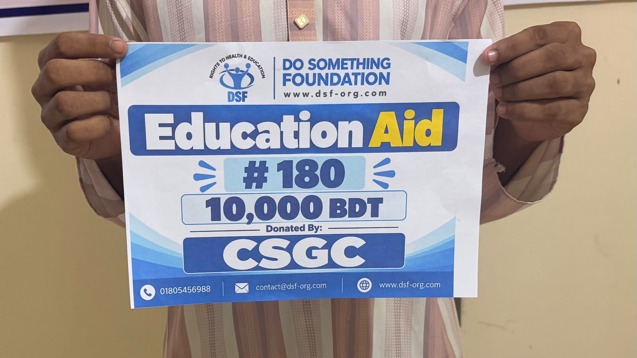 DSF Provides BDT 10,000 Education Aid to Support Rakib’s Higher Education